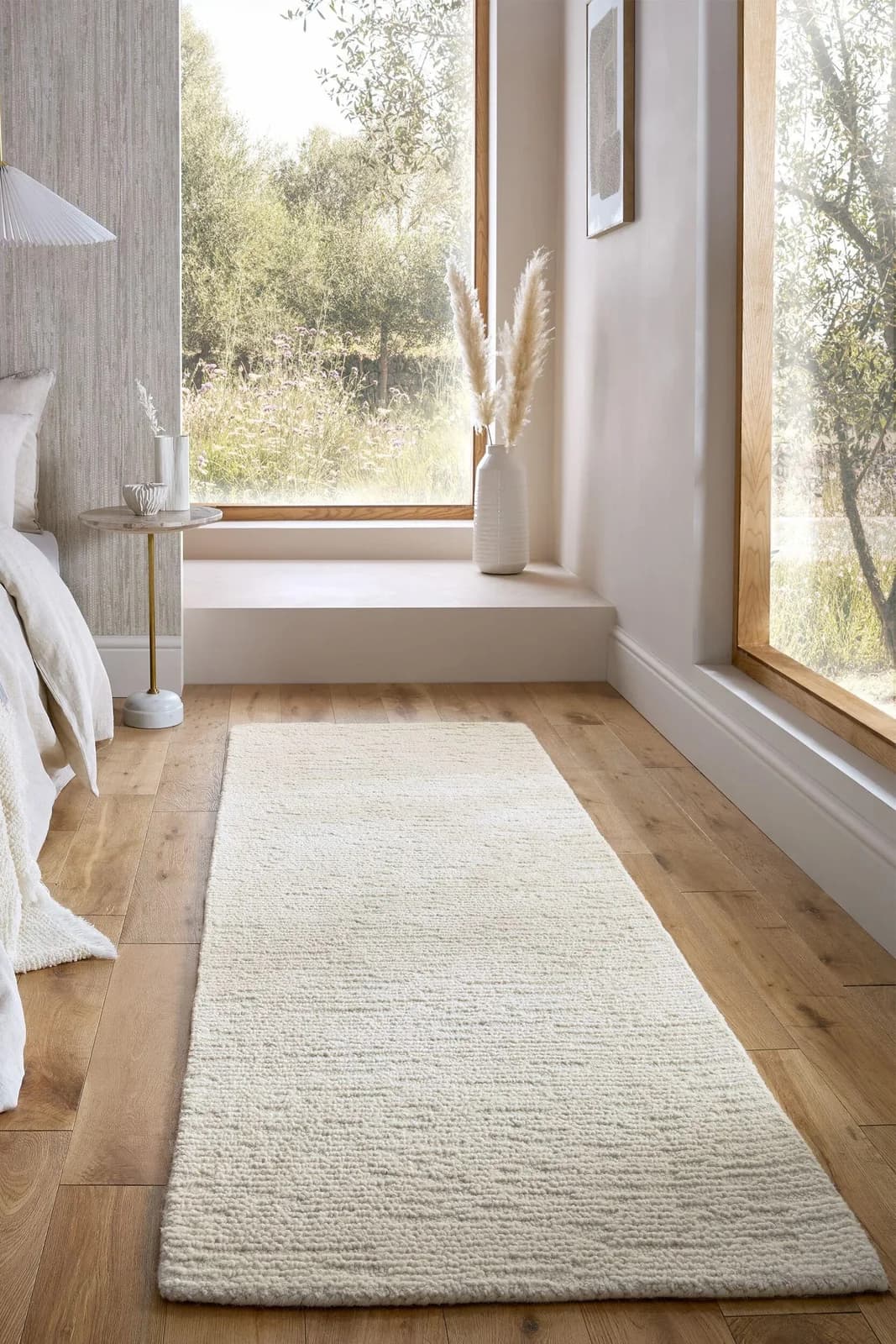 FLAIR RUGS Harris Boucle Wollteppich Uni Weiß Handgefertigt