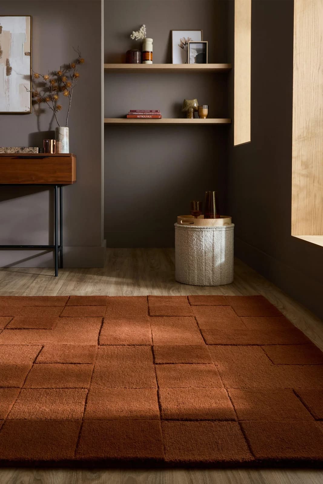 FLAIR RUGS Wollteppich Checkerboard Terrakotta Hoch-Tief-Effekt