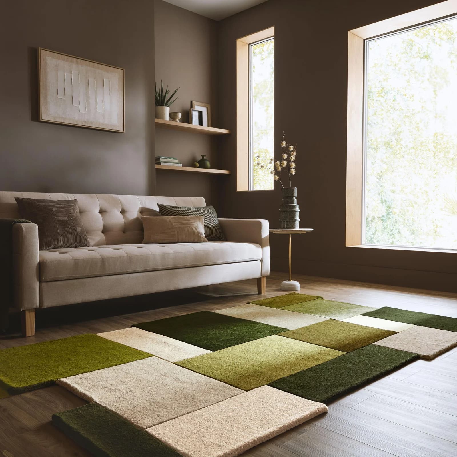 FLAIR RUGS Collage Wollteppich Grün Handgetuftet