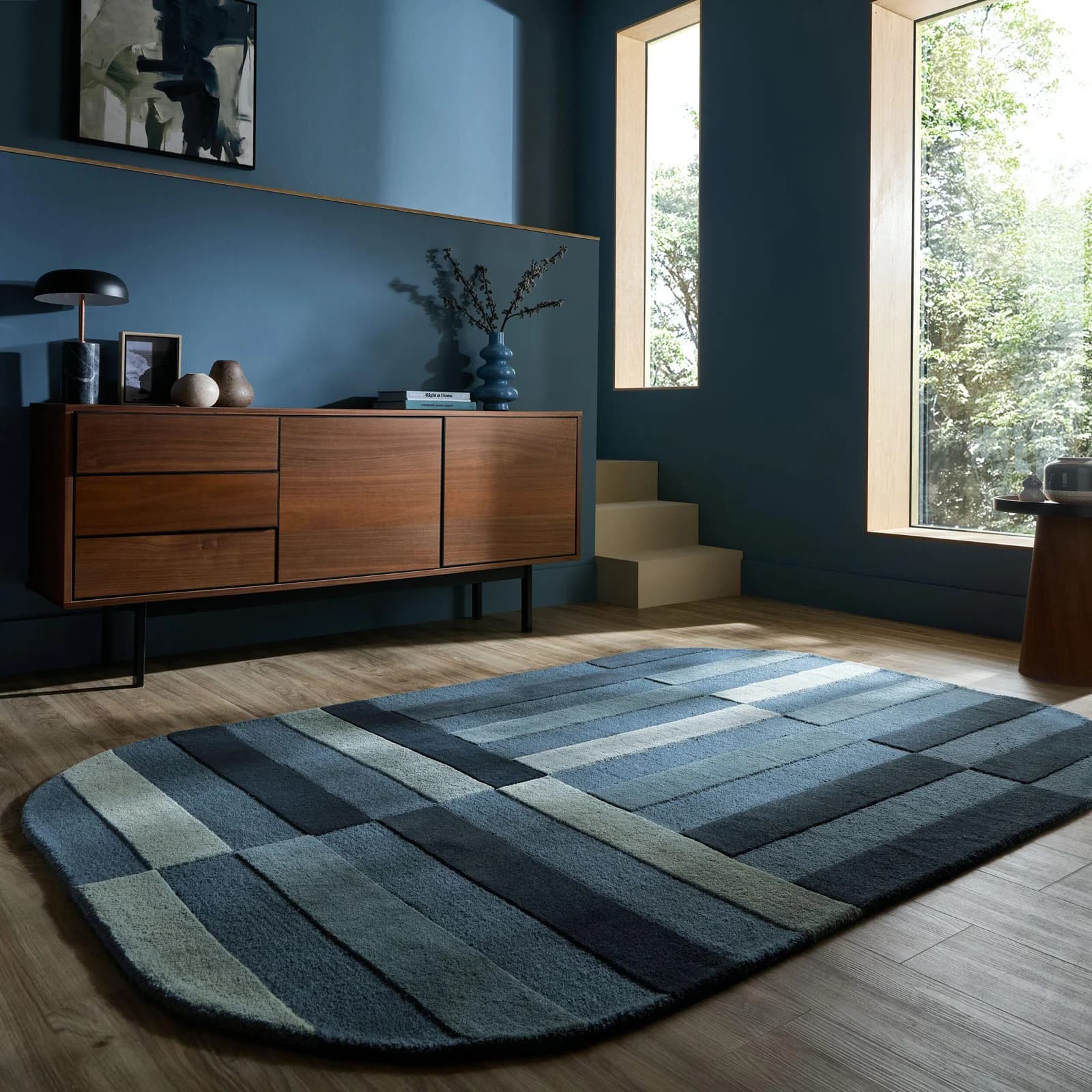 Flair Rugs Wollteppich Eldon Oval Blau Retro Streifen