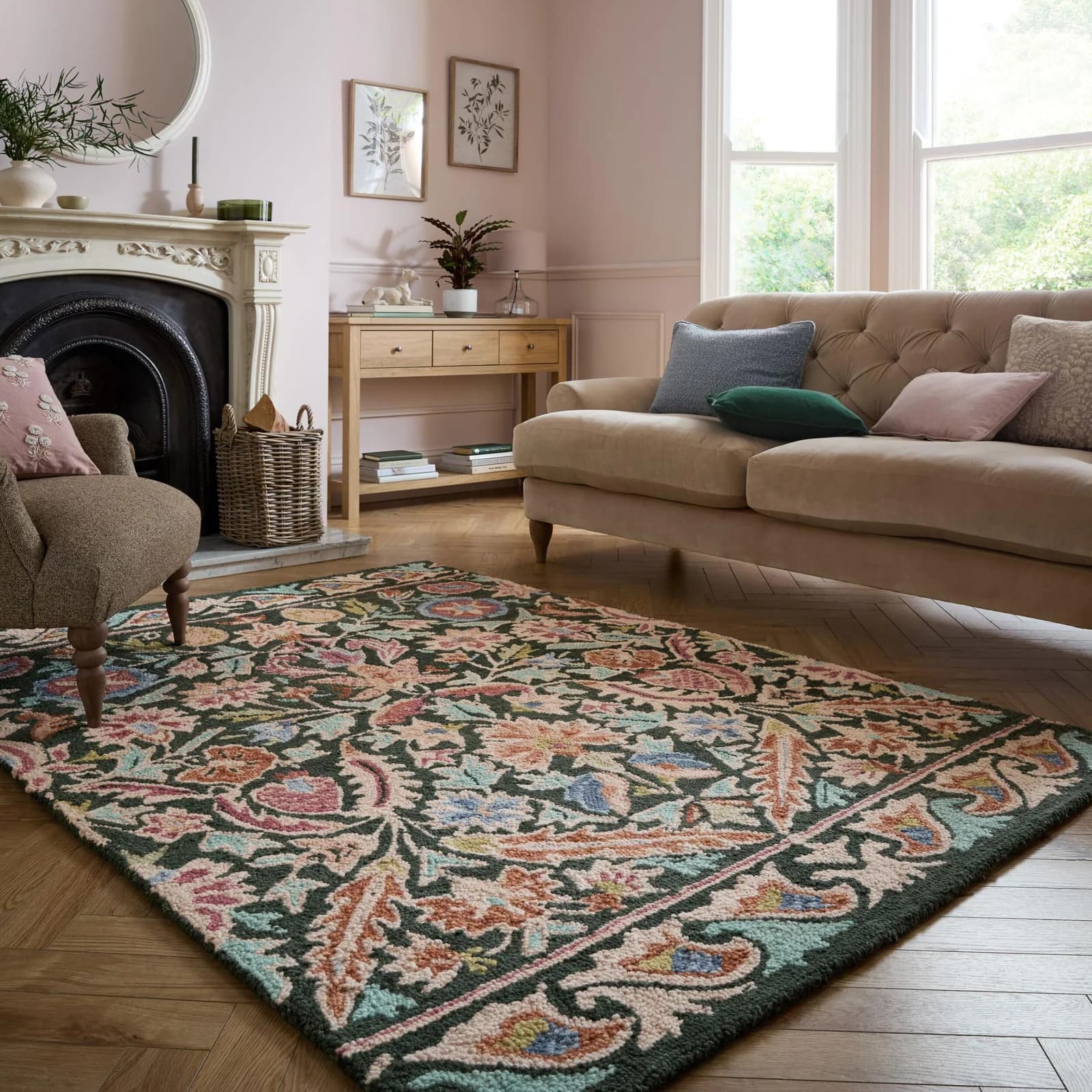 FLAIR RUGS Angelina Wollteppich Grün Floral Mid-Century