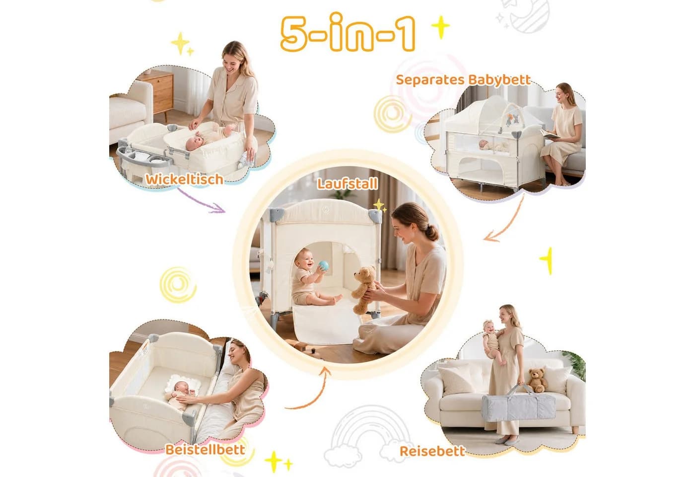 LALAHO Baby-Reisebett Faltbar mit Matratze & Wickeltisch Weiß