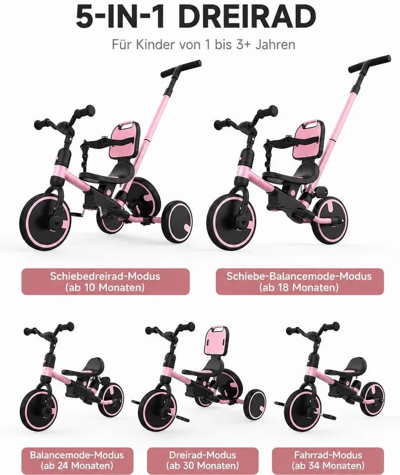 besrey Kinderdreirad 7-in-1 mit Schubstange und höhenverstellbarem Griff