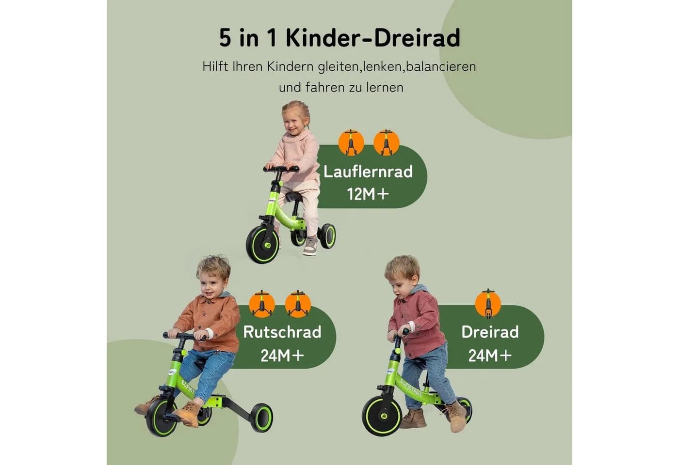 Besrey Kinderdreirad 5-in-1 Grün Stahlrahmen EVA-Reifen