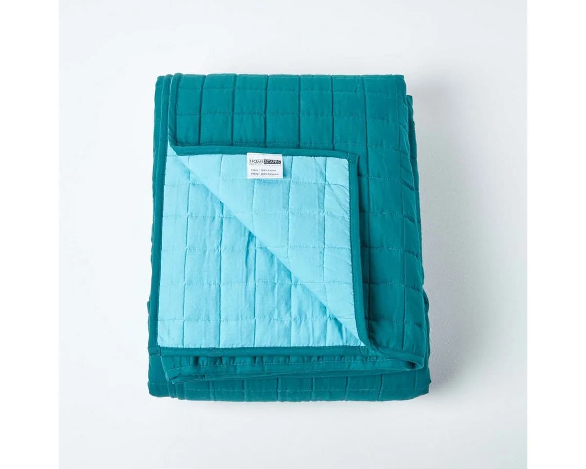 Homescapes Gesteppte Tagesdecke 100% Baumwolle Petrol/Hellblau