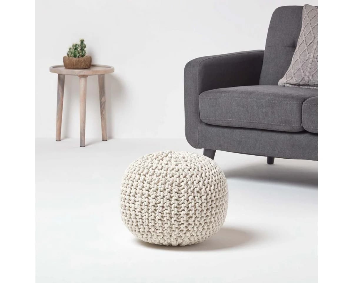 Homescapes Runder Strickpouf 100% Baumwolle Natur