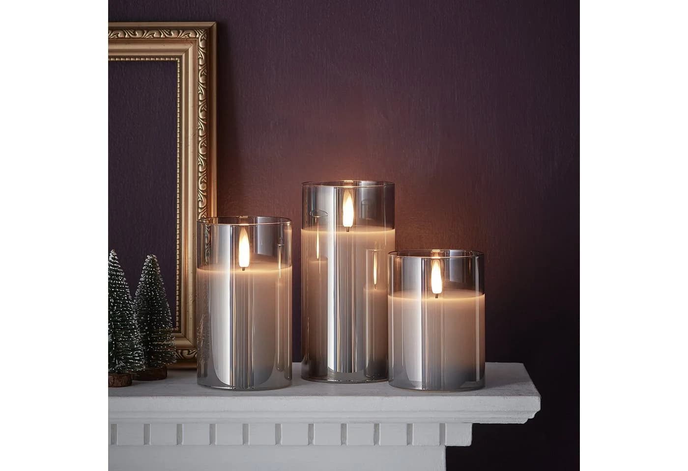 Lights4fun LED-Kerzen Trio Rauchglas Weiss Grau mit Fernbedienung