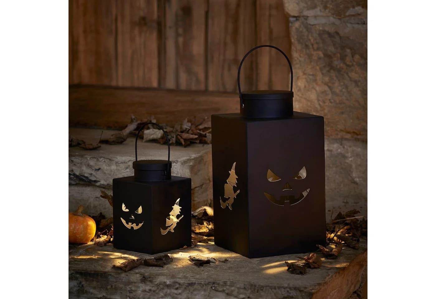 Lights4fun LED Halloween Laternen 2er Set Schwarz Metall