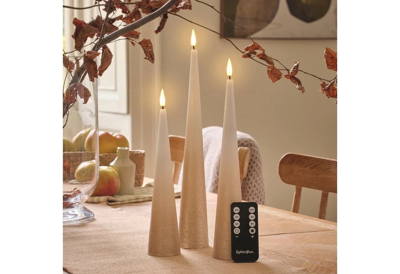 Lights4fun LED-Kerze 3er Set TruGlow® Kegelkerzen Fernbedienung Bronze-Ombre