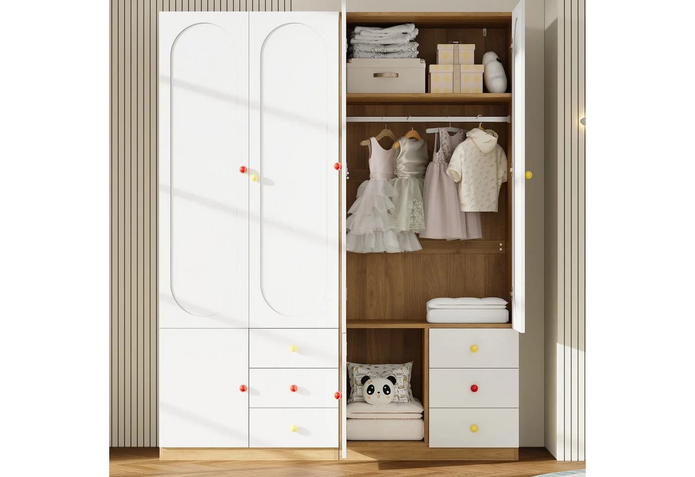 Merax Kinderkleiderschrank 3-türig Weiß mit Schubladen