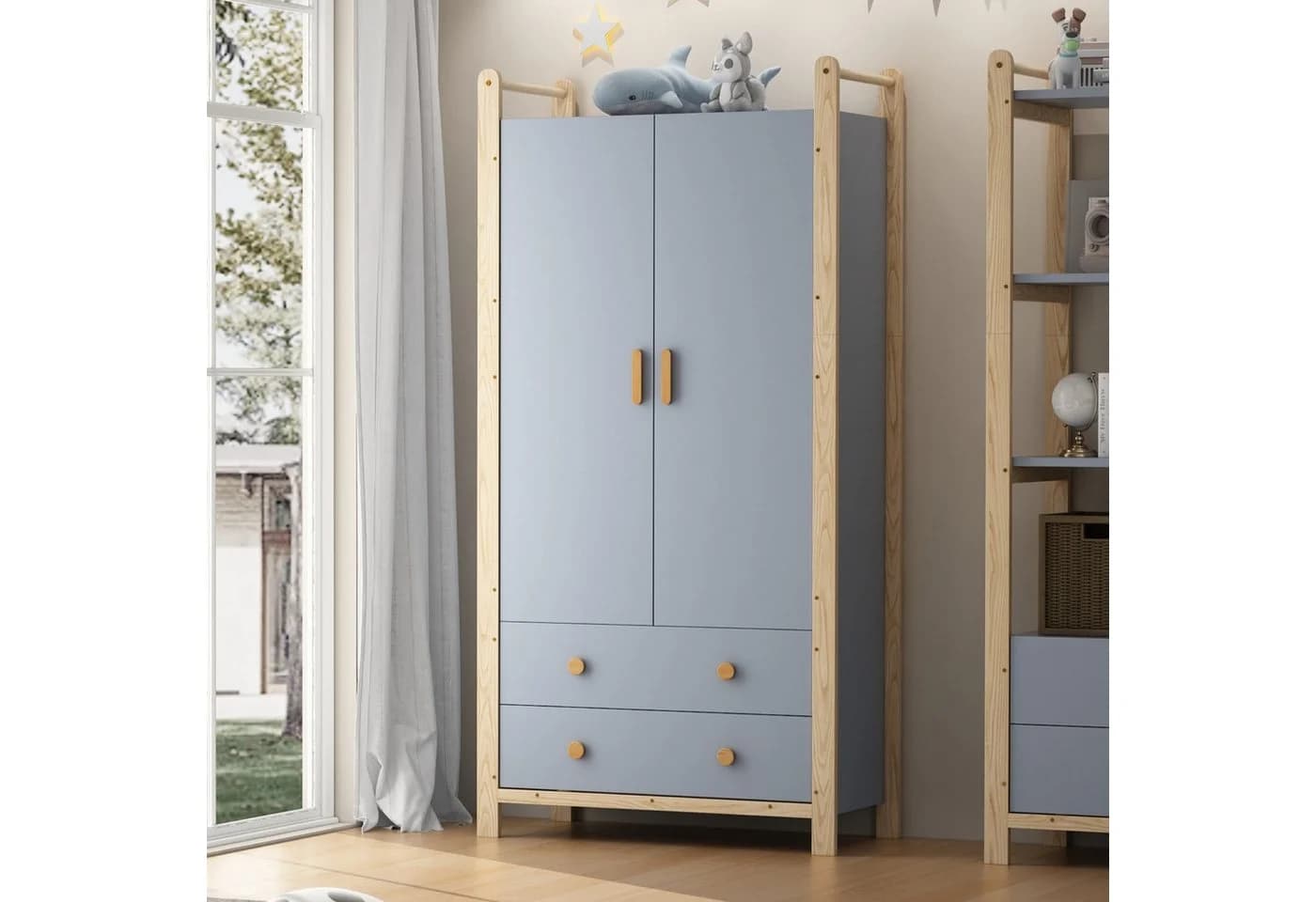 Merax Kinderkleiderschrank 2 Türen 2 Schubladen Weiß/Blau Landhausstil