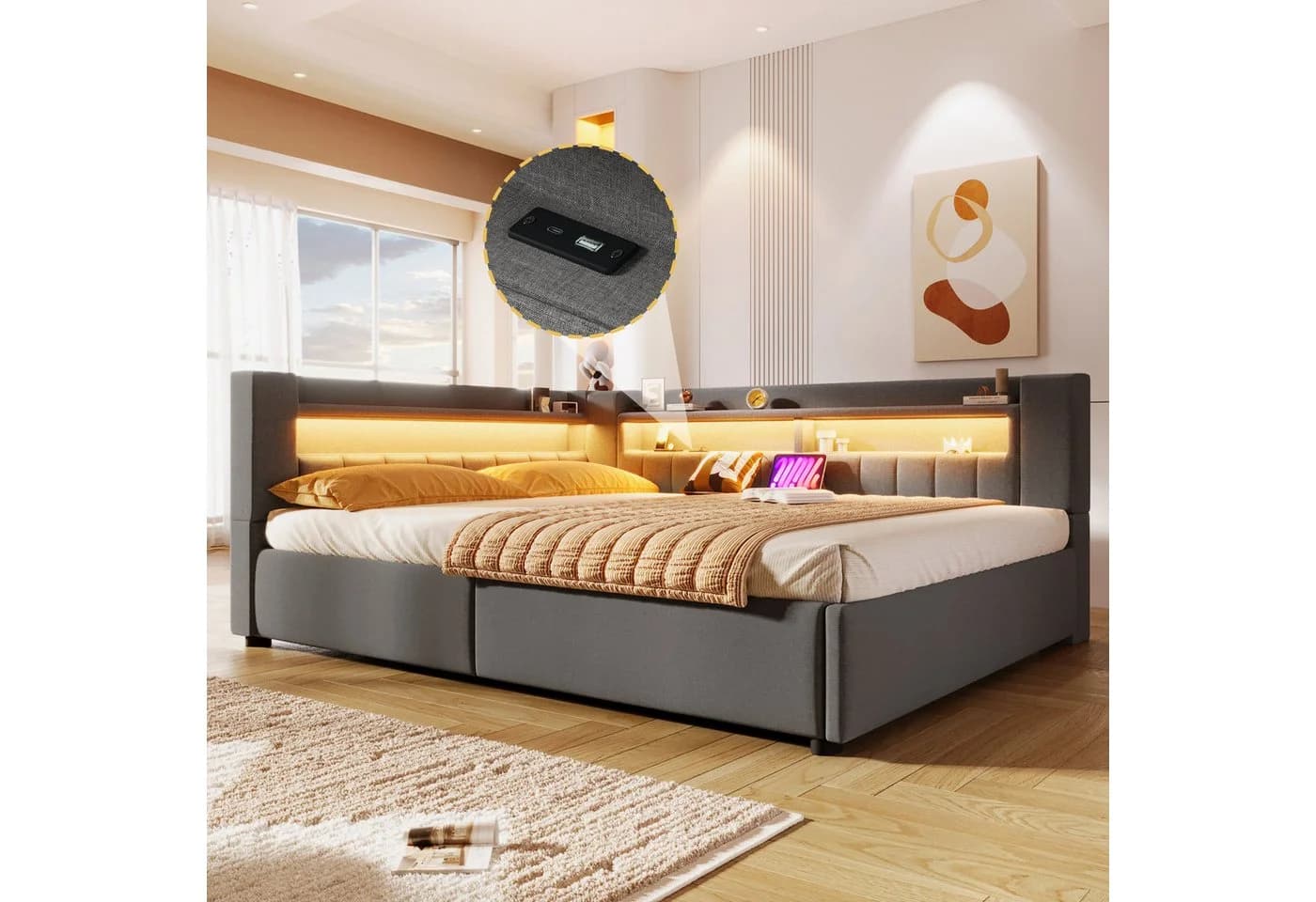 Flieks Polsterbett 140x200 mit LED-Beleuchtung und Ladefunktion Grau