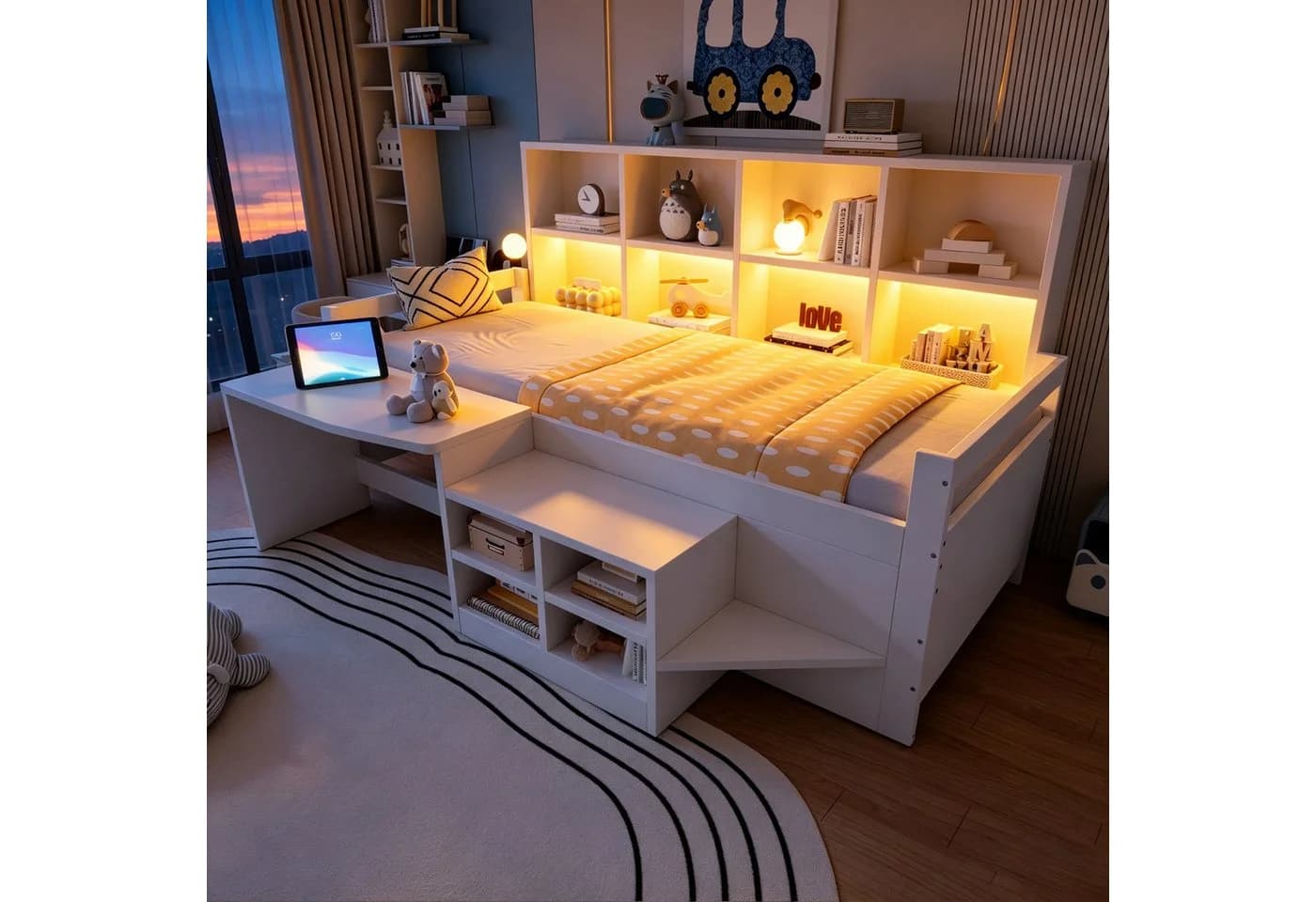 Flieks Halbhochbett mit Schreibtisch, Schrank & LED-Leiste Weiß
