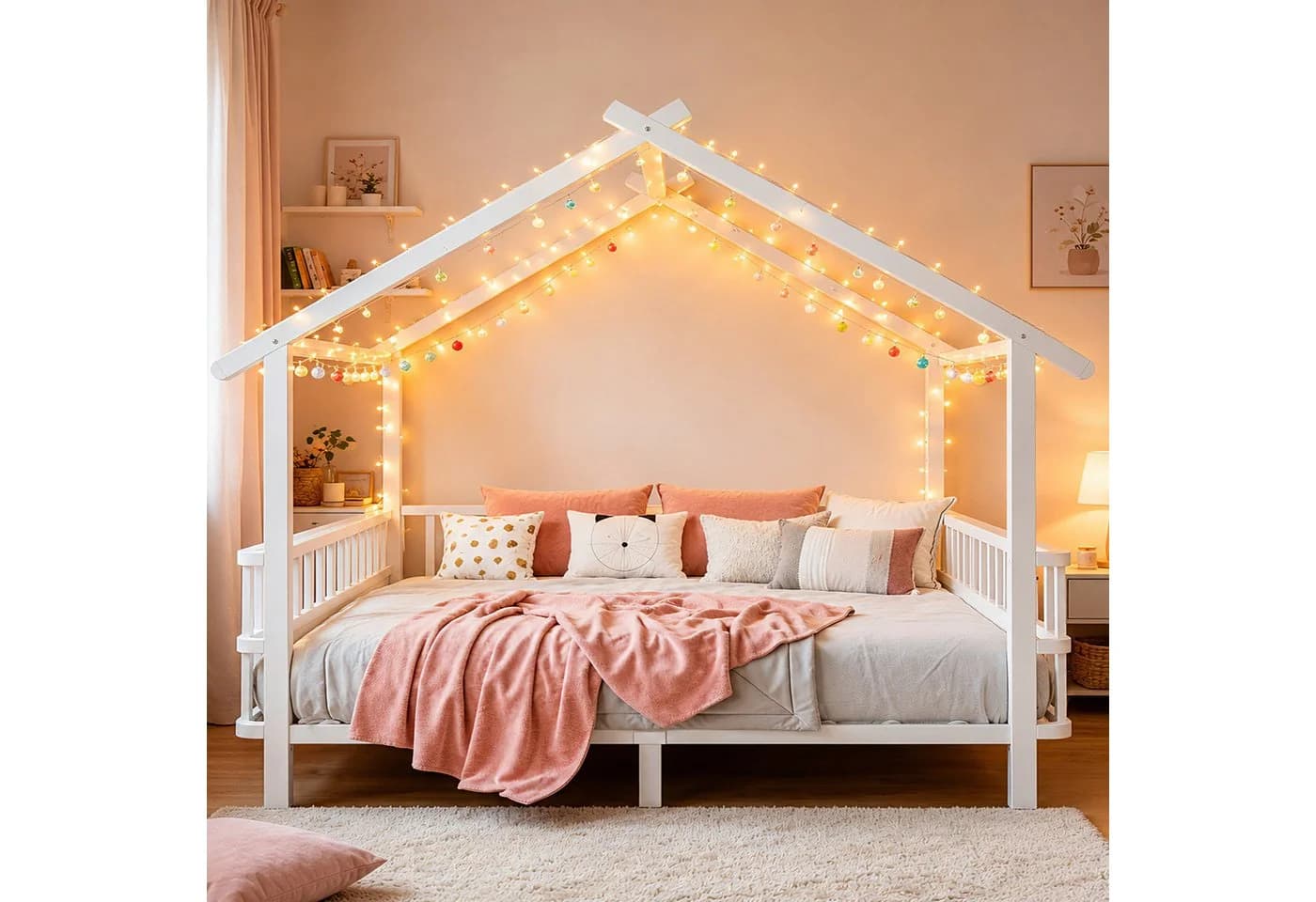Flieks Kinderbett Metall Hausform 140x200cm mit Sicherheitsgitter und Lattenrost