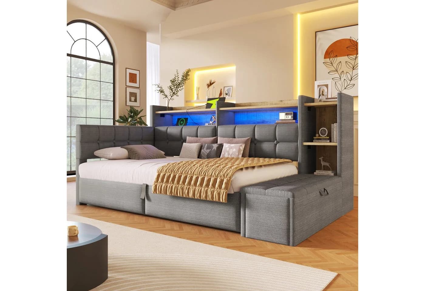 Flieks Daybett Polsterbett 90x200cm mit LED, USB & Bettkasten Dunkelgrau