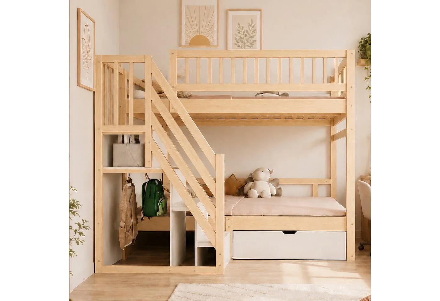Flieks Etagenbett Massivholz Kinderbett 140x200cm mit Stauraumtreppe