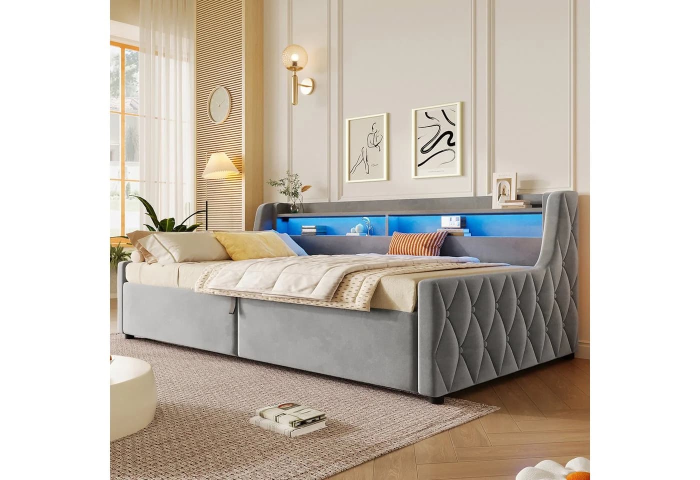 Flieks Polsterbett grau mit Stauraum & LED-Beleuchtung