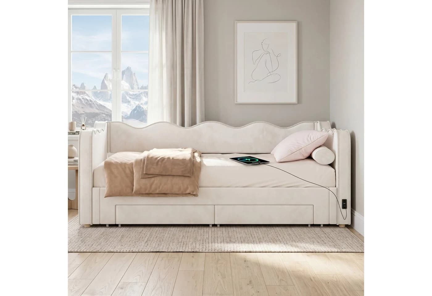 Flieks Polsterbett Daybett Beige mit Schubladen & Ausziehbett