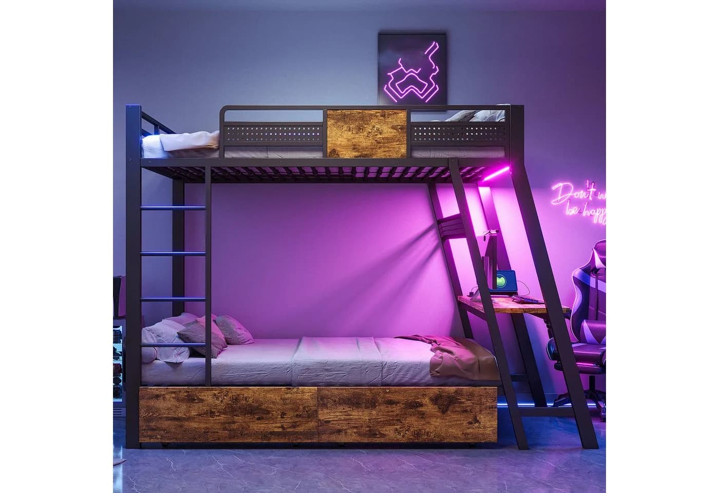 Flieks Etagenbett Metall 90x200cm mit Schreibtisch LED Schwarz
