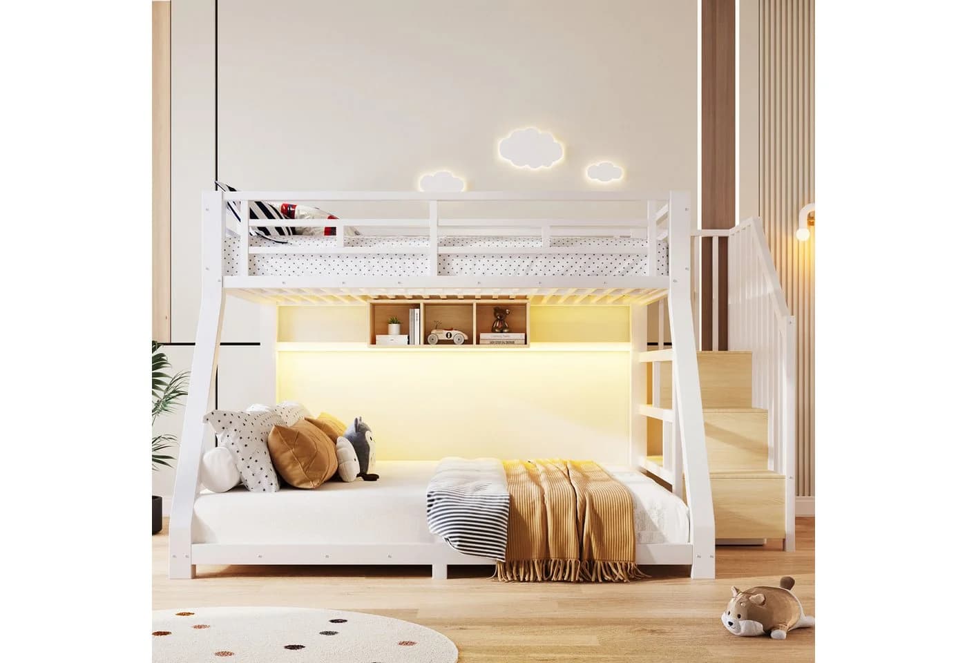 Flieks Etagenbett Weiß mit Lichtleiste und Stauraumtreppe