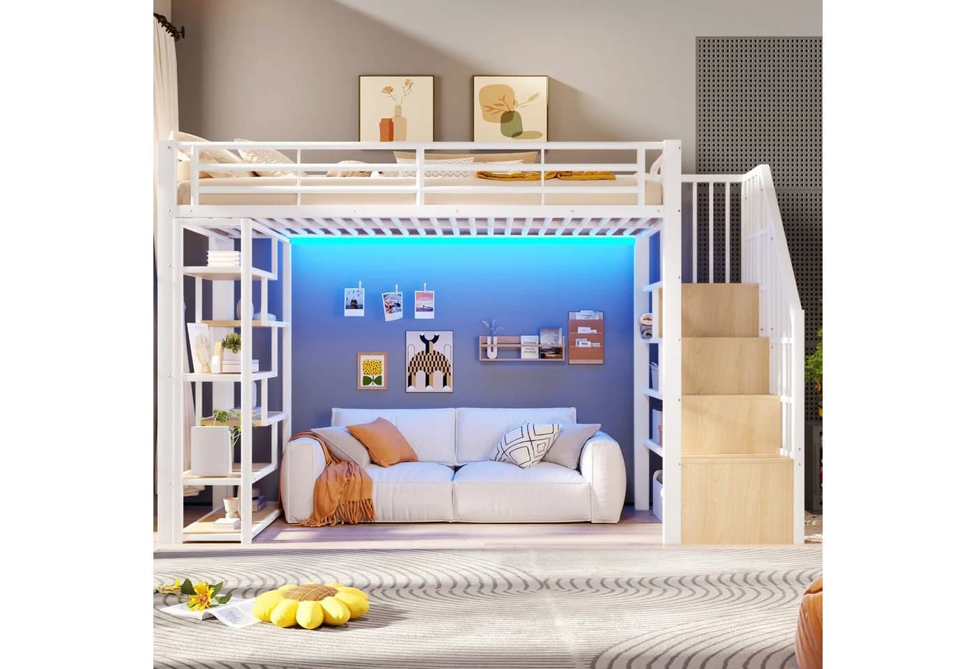 Flieks Hochbett Metall weiß mit LED, Stauraumtreppe & Ablage