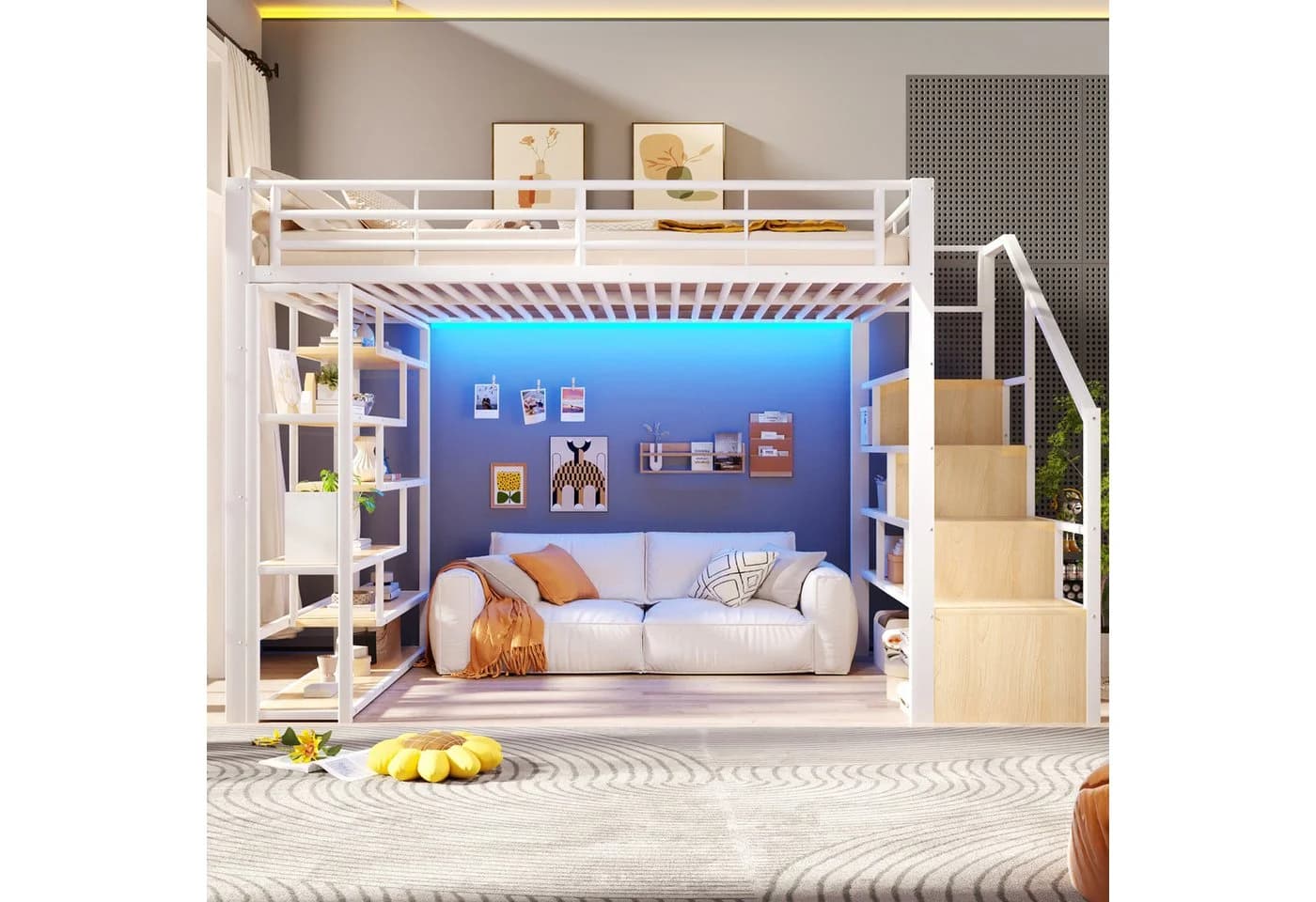 Flieks Hochbett Metallbett 140x200cm mit LED-Lichtleiste und Stauraumtreppe