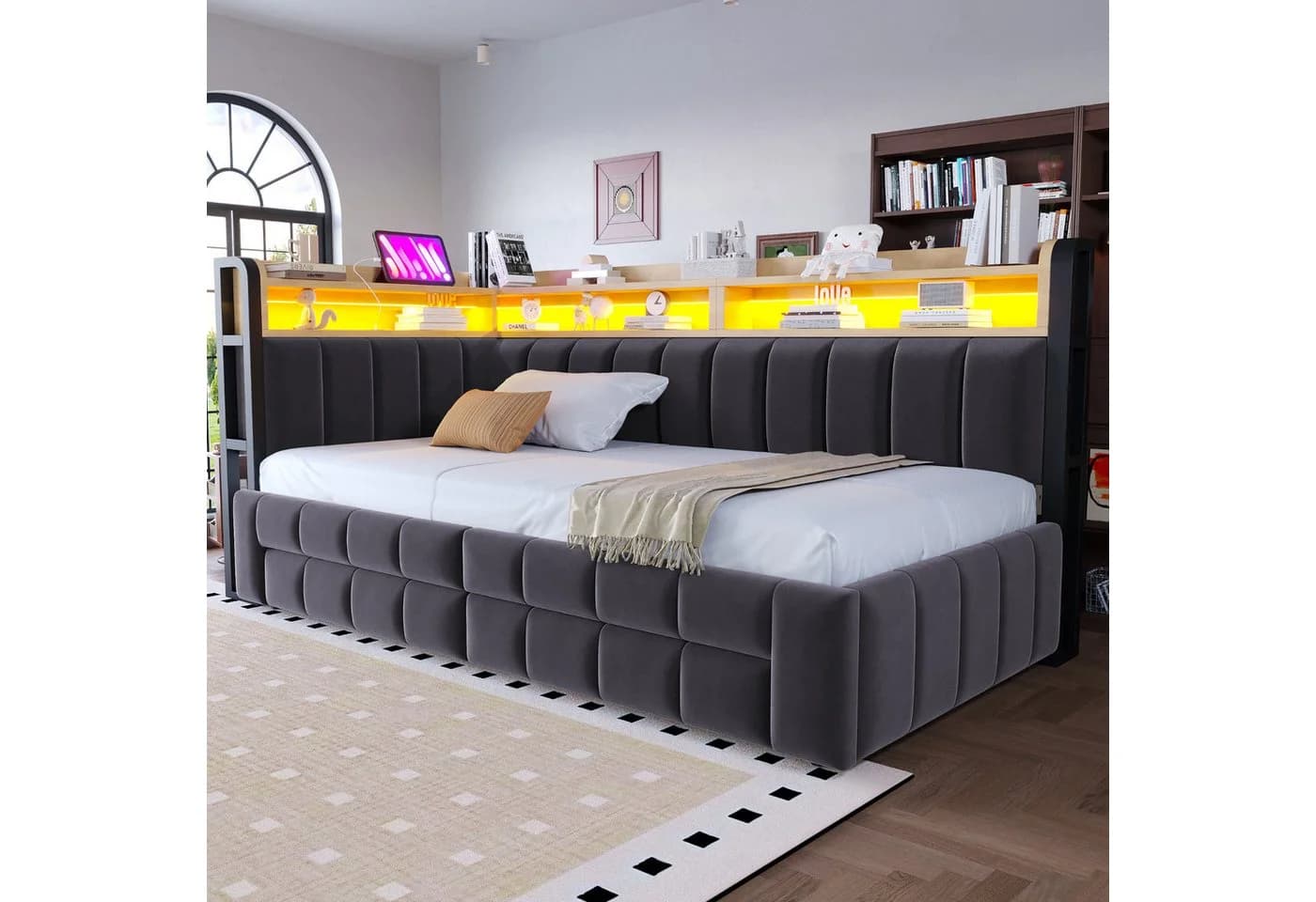 Flieks Daybett LED Polsterbett Schlafsofa grau Samt