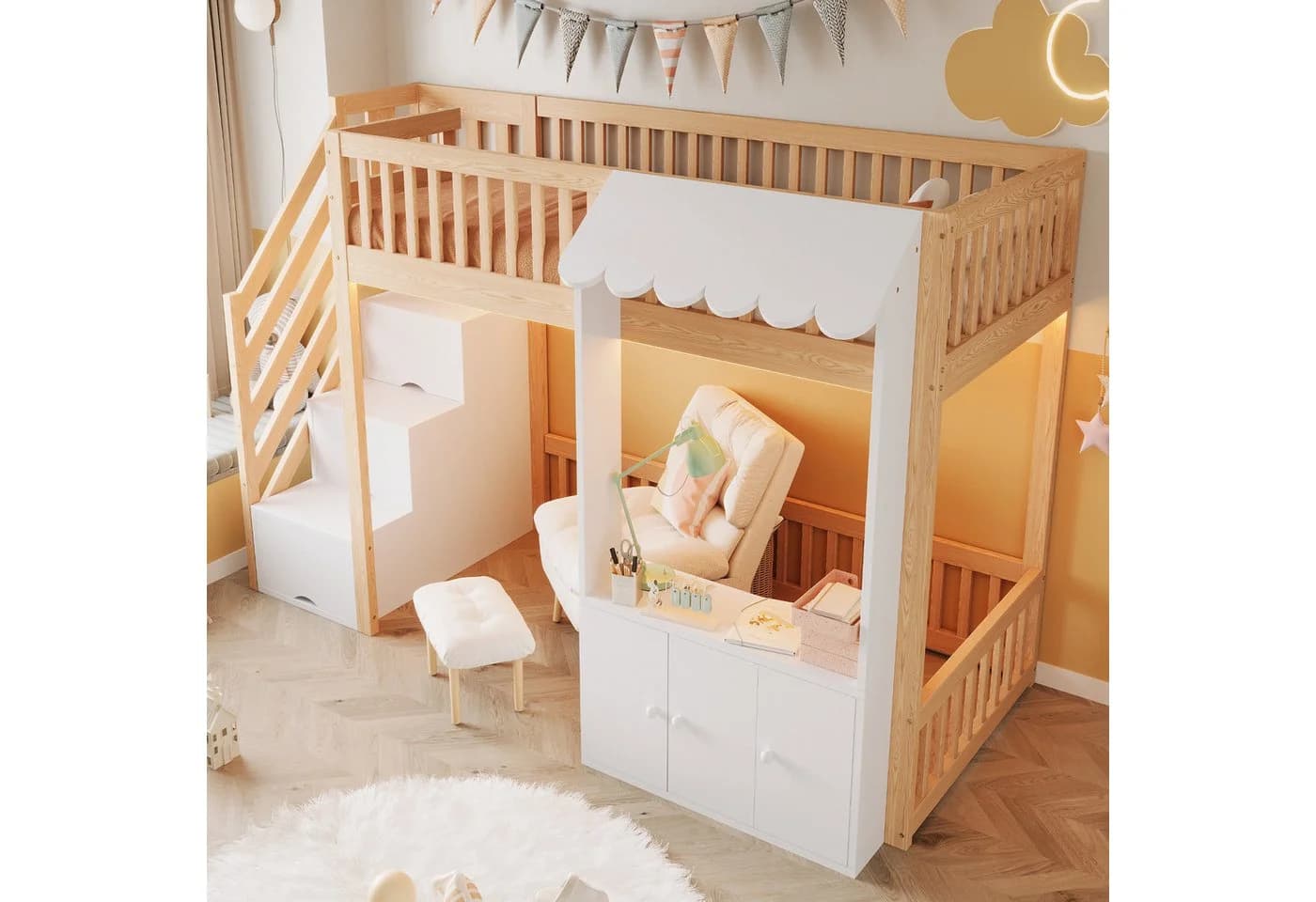Flieks Hochbett Kinderbett Laden-Design 90x200cm mit Schrank und Stauraumtreppe