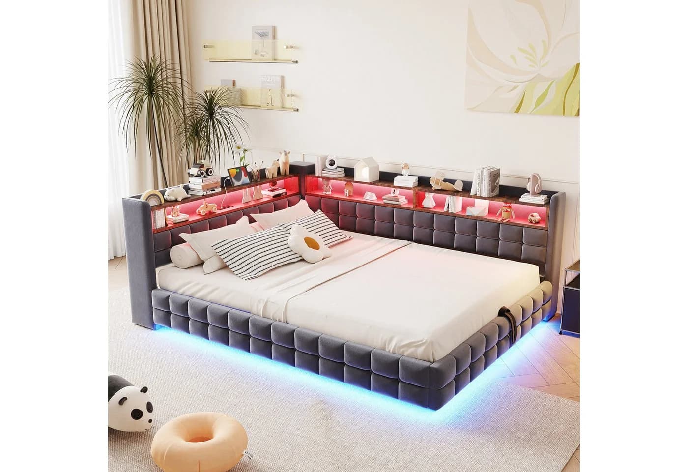 Flieks Polsterbett 140x200cm mit Stauraum, LED & USB dunkelgrau