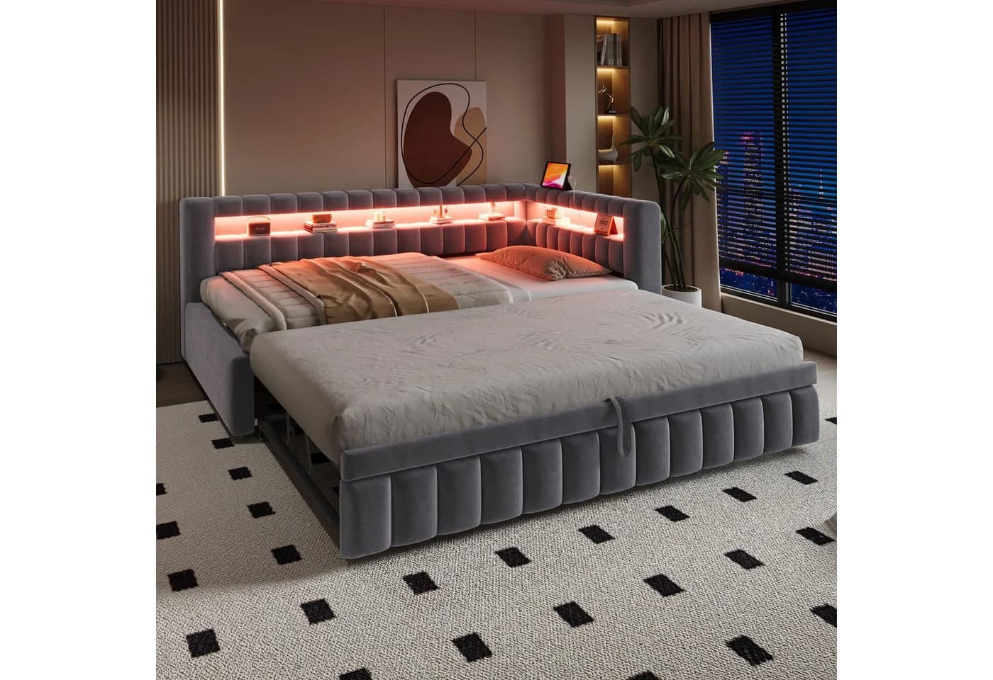 Flieks Daybett mit Ausziehbett und LED-Beleuchtung Grau Samt