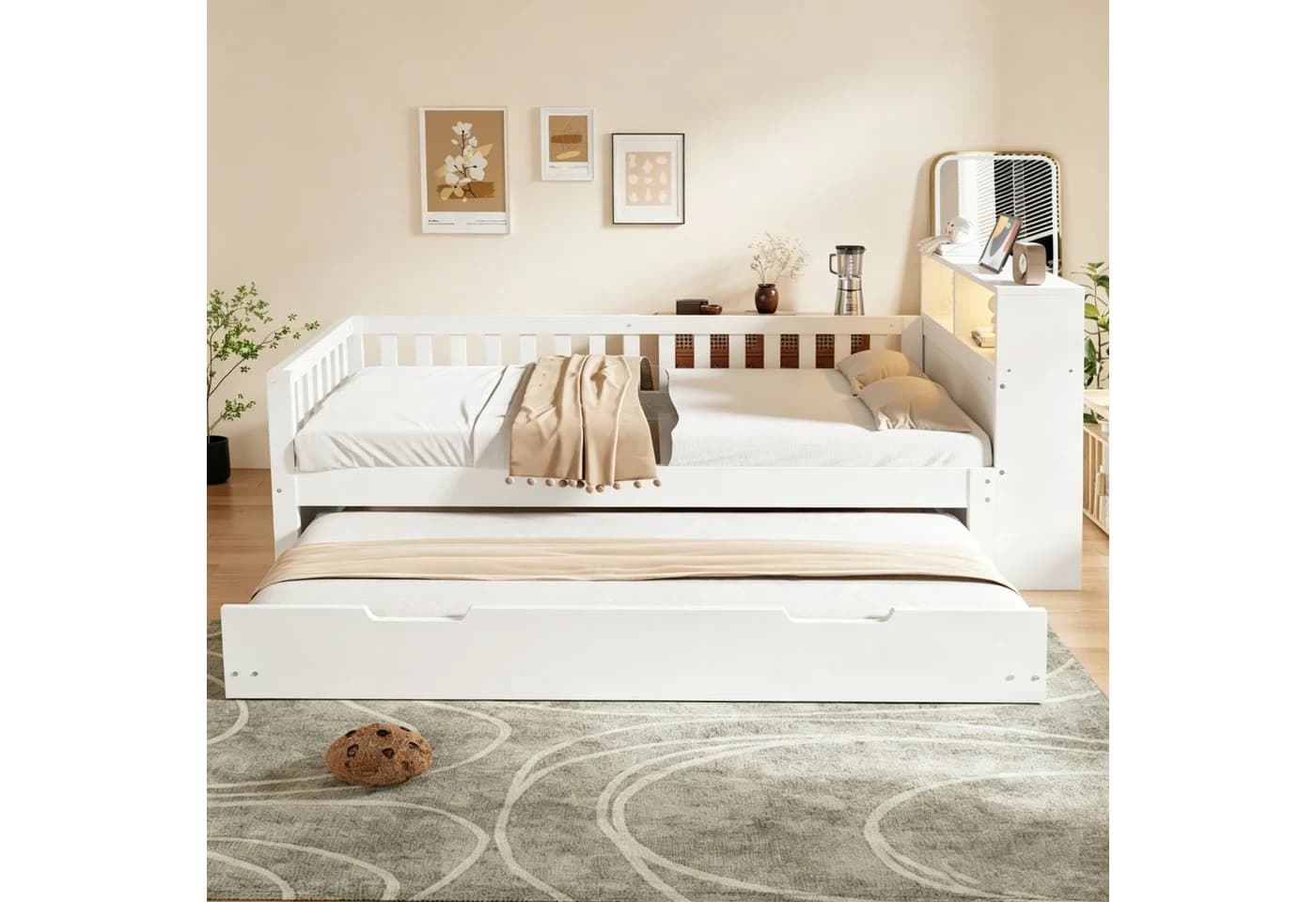 Flieks Holzbett Kinderbett 90x200cm mit Ausziehbett und Lichtleiste Weiß