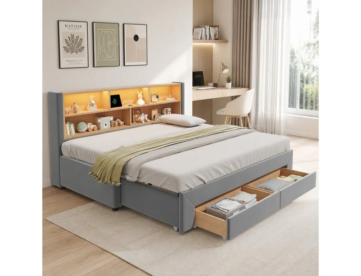 Flieks Daybett grau mit Ausziehbett, Schubladen & LED