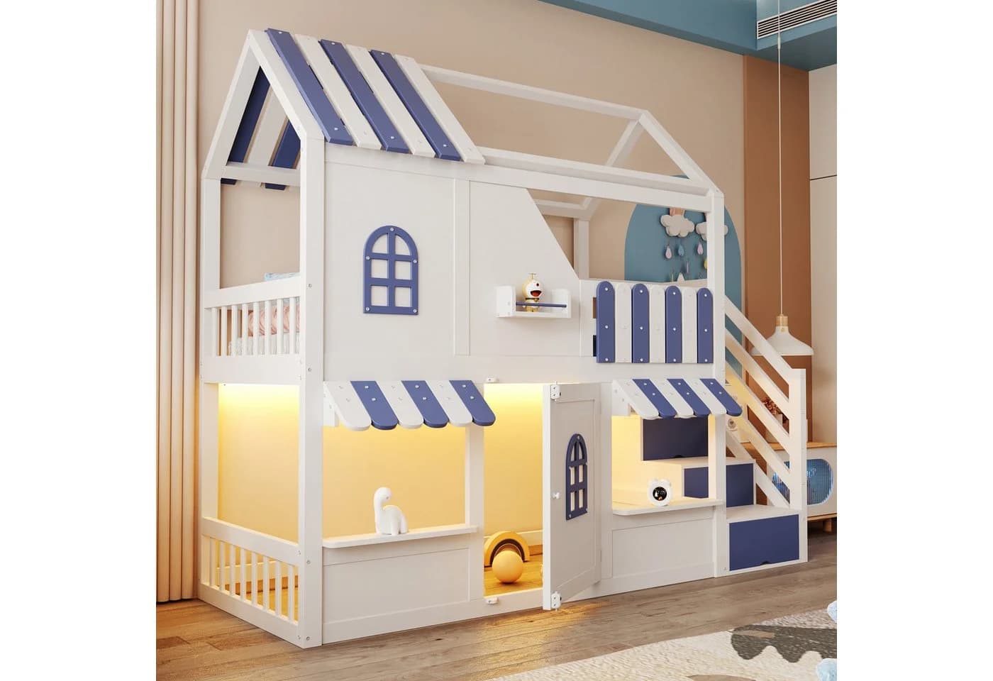 Flieks Etagenbett Kinderbett Haus-Design mit Stauraumtreppe LED-Beleuchtung