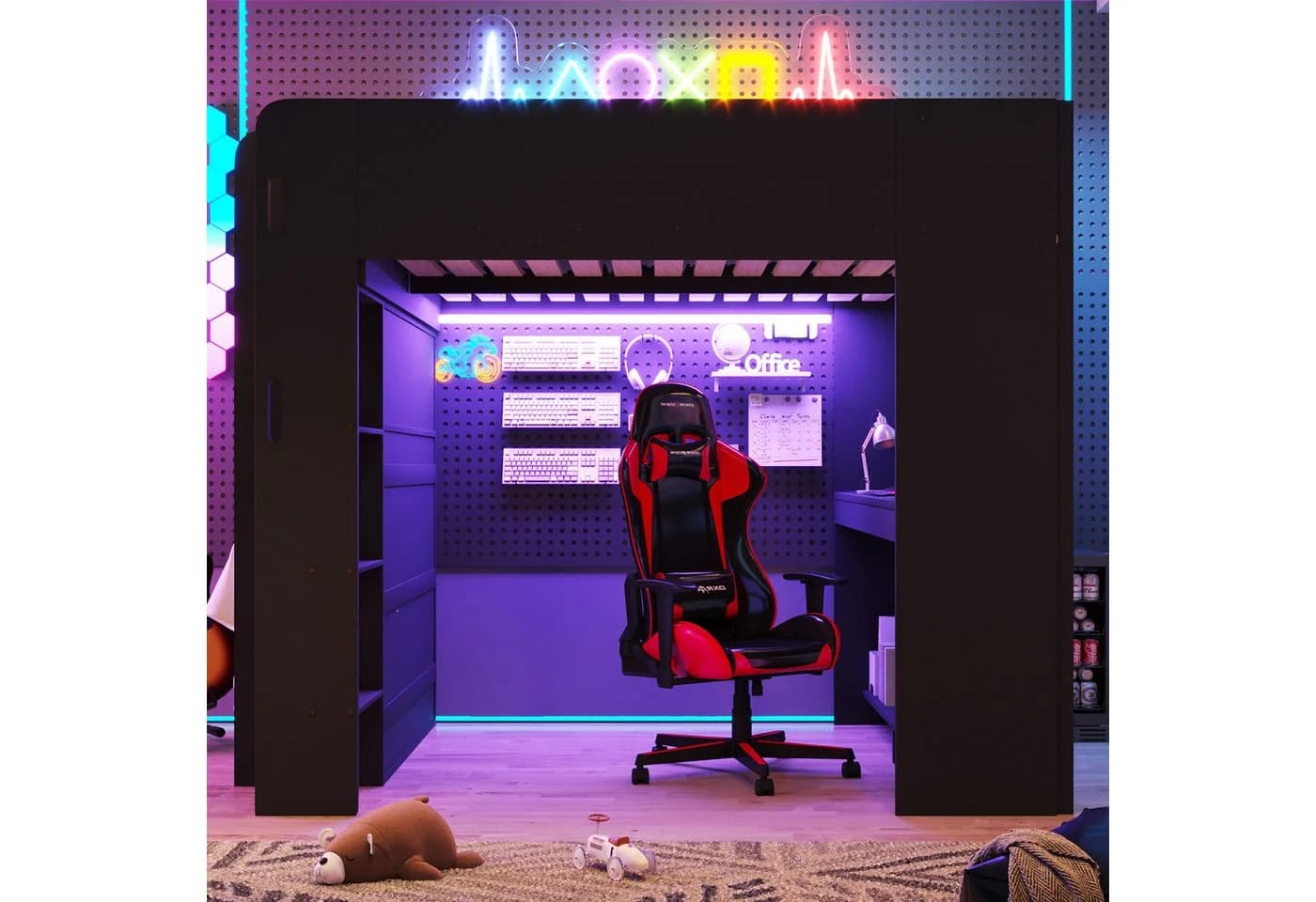 Flieks Hochbett Gamingbett 140x200 mit Schreibtisch Kleiderschrank LED