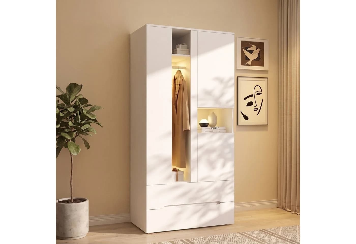 Flieks Kleiderschrank mit LED, Glas-Tür und 2 Schubladen Weiß