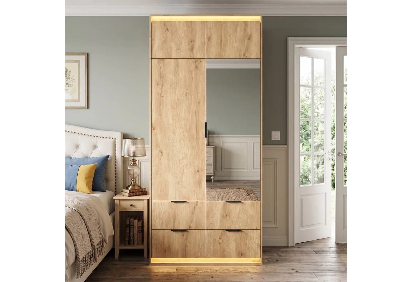 Flieks Kleiderschrank mit LED, Spiegel und 4 Schubladen Beige