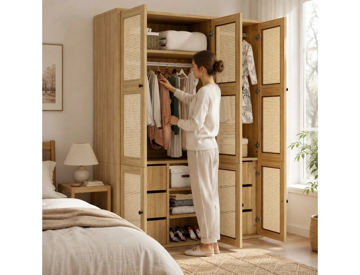 Flieks Kleiderschrank Rattan-Geflecht 2 Kleiderstangen 6 Schubladen