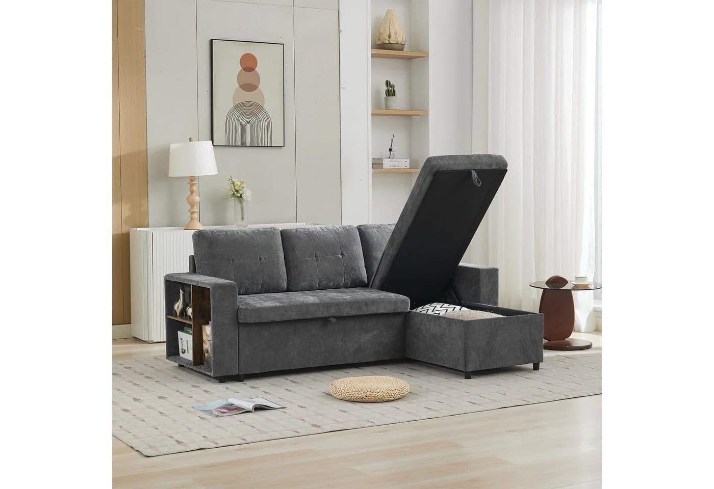 Merax Ecksofa L-förmig Chenille Dreisitzer Schlafsofa Grau