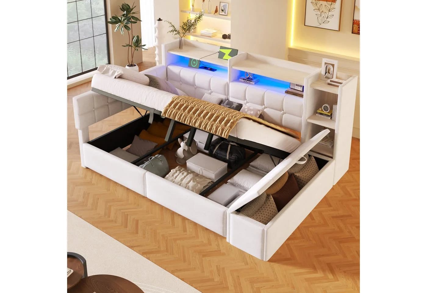 Merax Daybett 140x200 Samt weiß mit LED, USB & Bettkasten