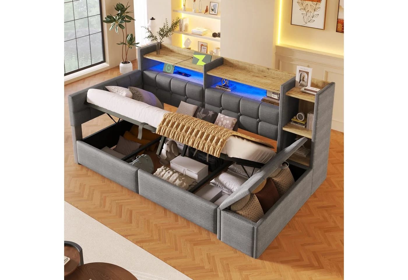 Merax Daybett Samt Grau mit LED, USB & Bettkasten
