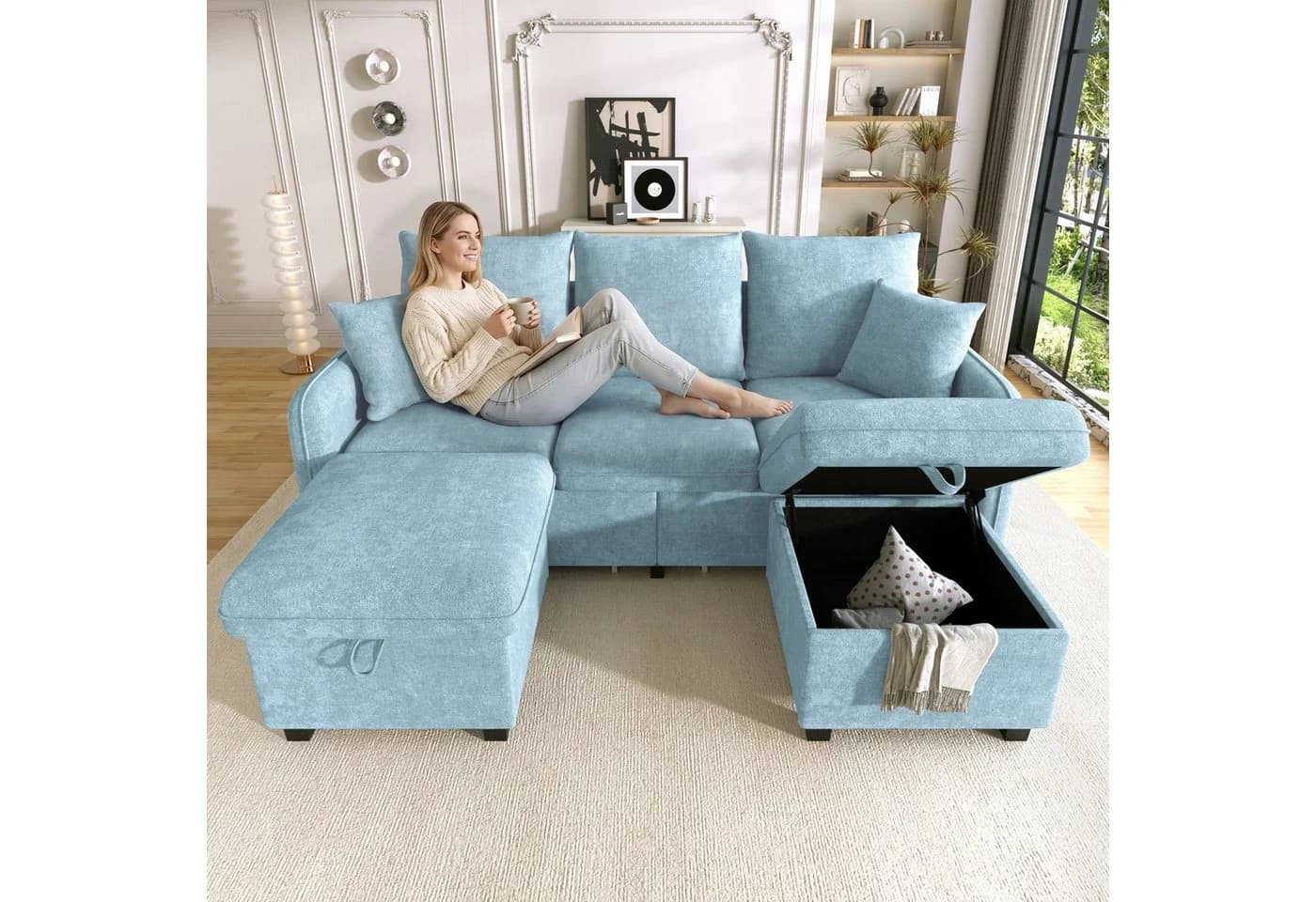 Merax U-förmiges Schlafsofa mit Stauraum und Hockern in Blau