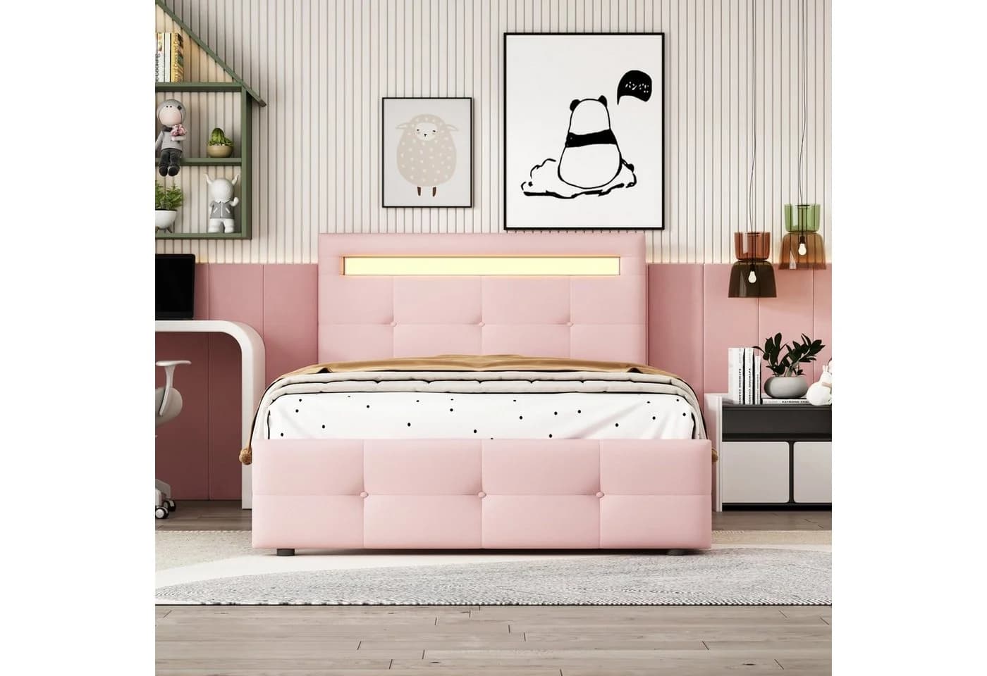 Flieks Polsterbett mit LED und Schubladen Rosa