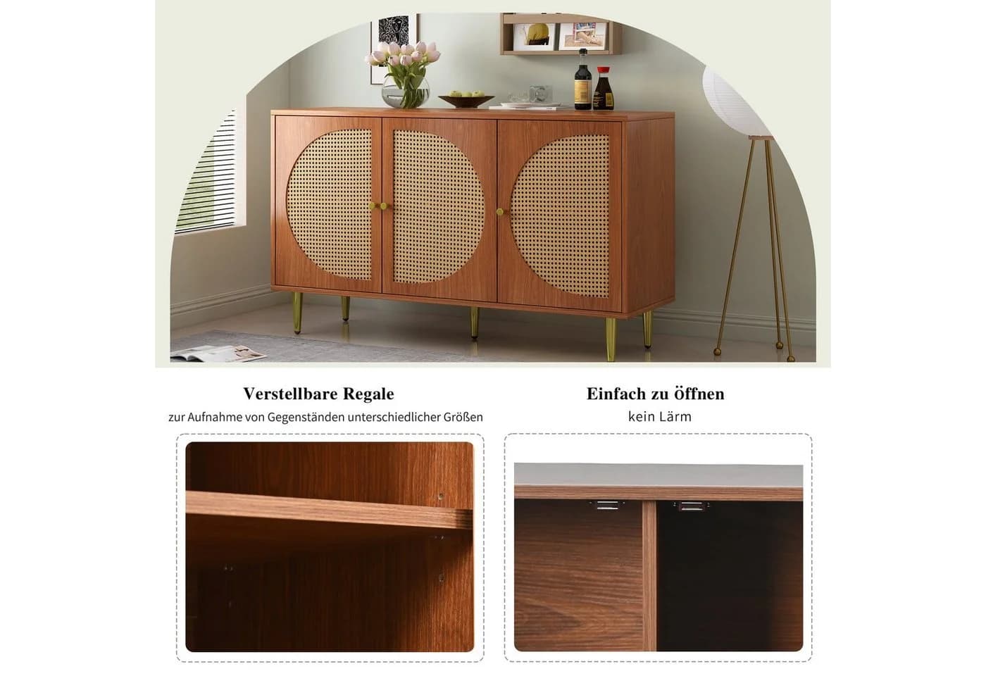Merax Sideboard Vintage 3 Rattan-Türen 6 Fächer Gold Metallbeine