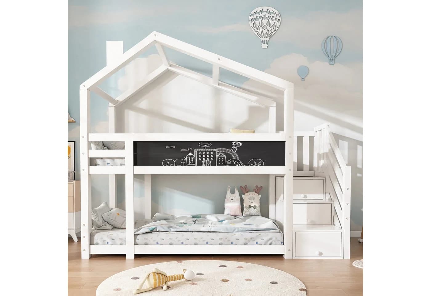Flieks Etagenbett mit Stauraumtreppe und Tafel Kiefer