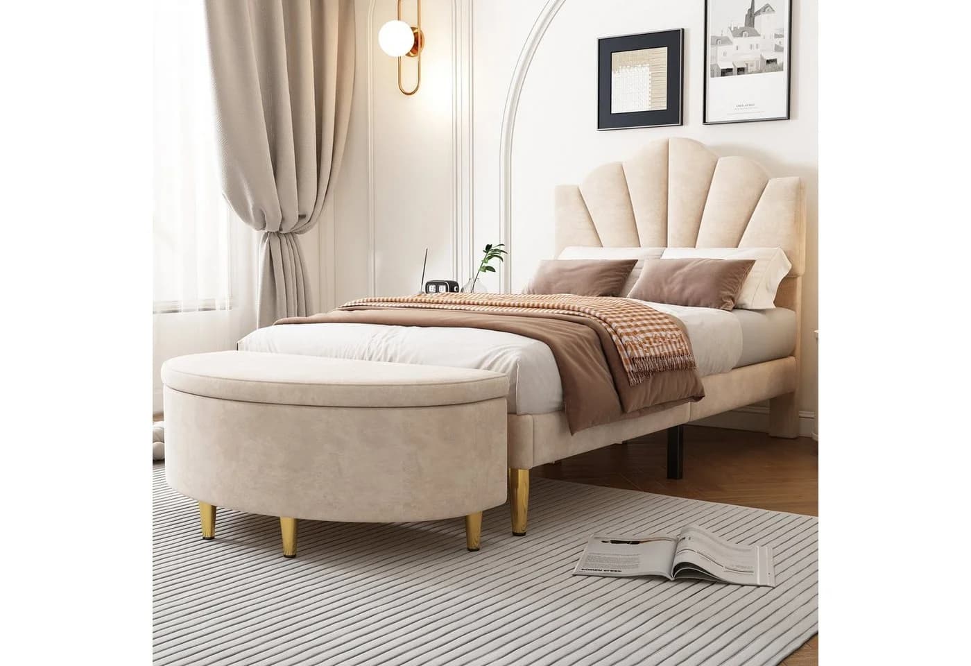 Flieks Polsterbank Beige Samt mit Stauraum und Metallbeinen