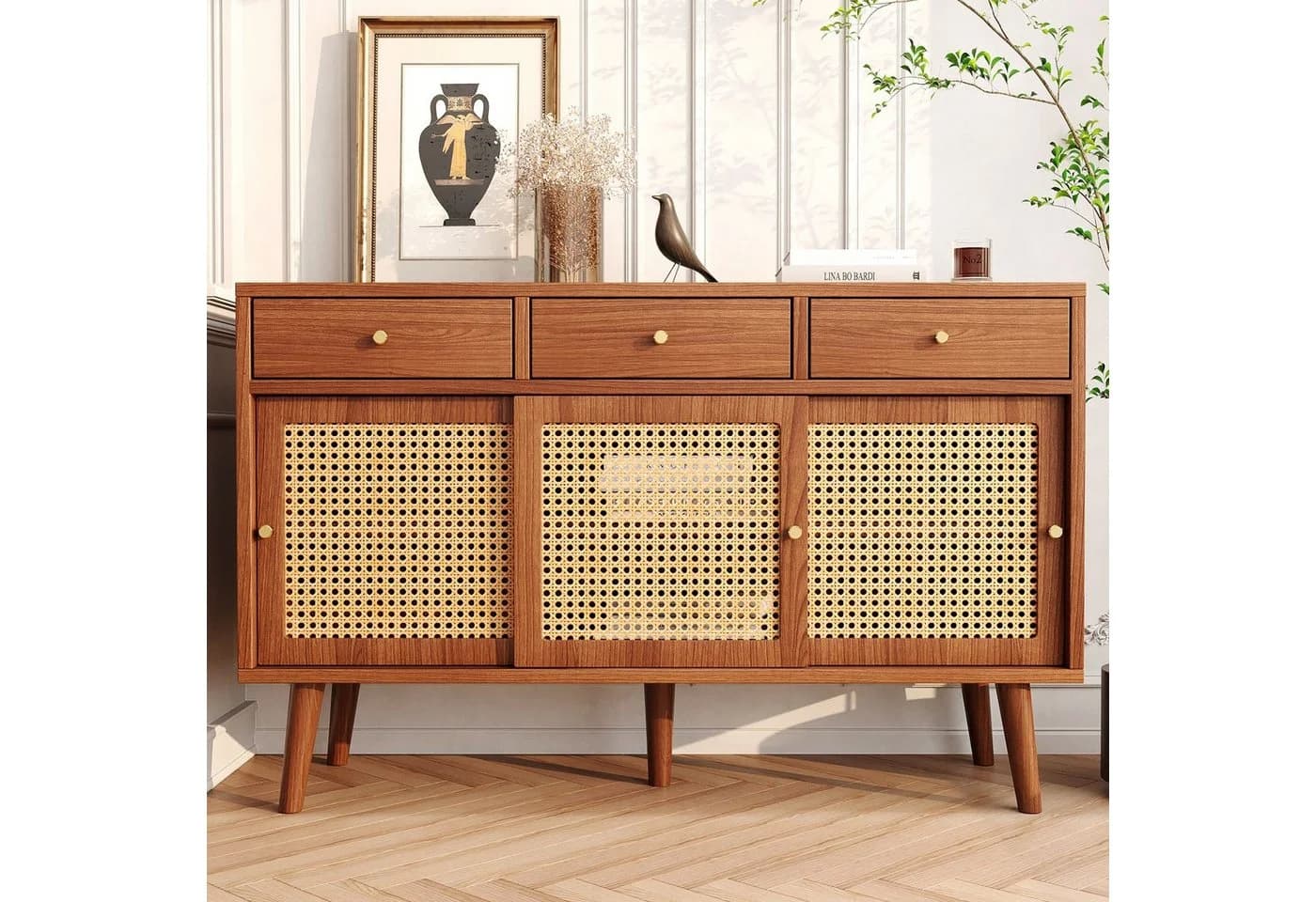 Flieks Sideboard Kommode 3 Schubladen Rattangeflecht 120x40x78cm