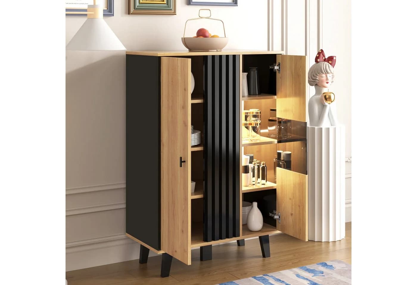 Merax Highboard mit LED und Glastür - 8 Fächer Schwarz Landhausstil