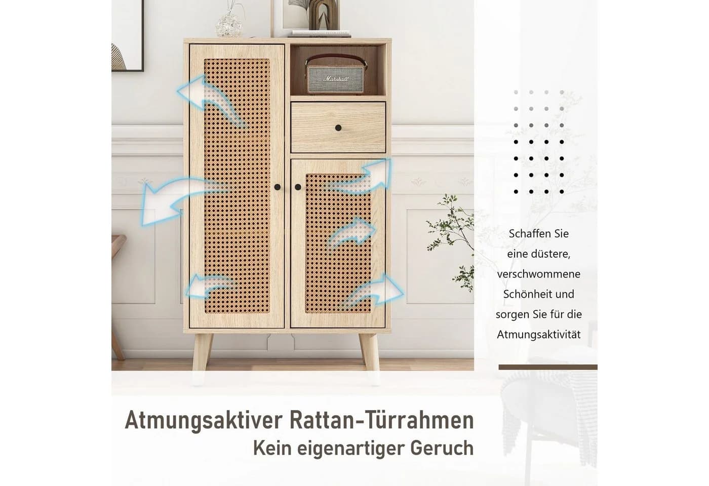Merax Sideboard mit Rattantüren und Schublade, Highboard, Kommode, Anrichte