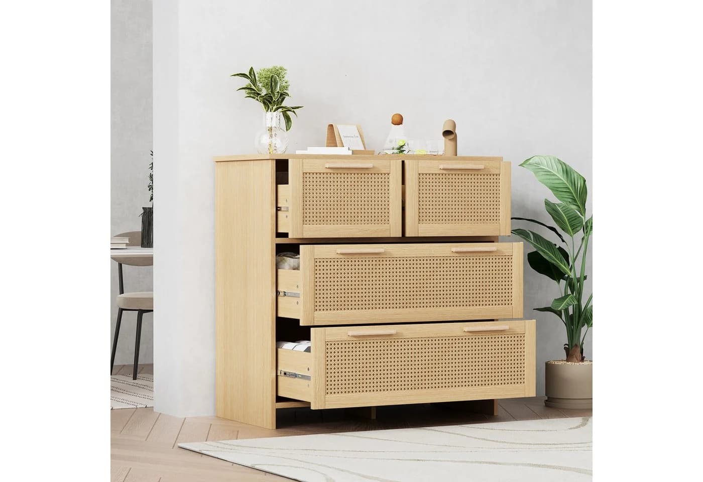 Flieks Sideboard 4 Schubladen Rattan Holzoptik