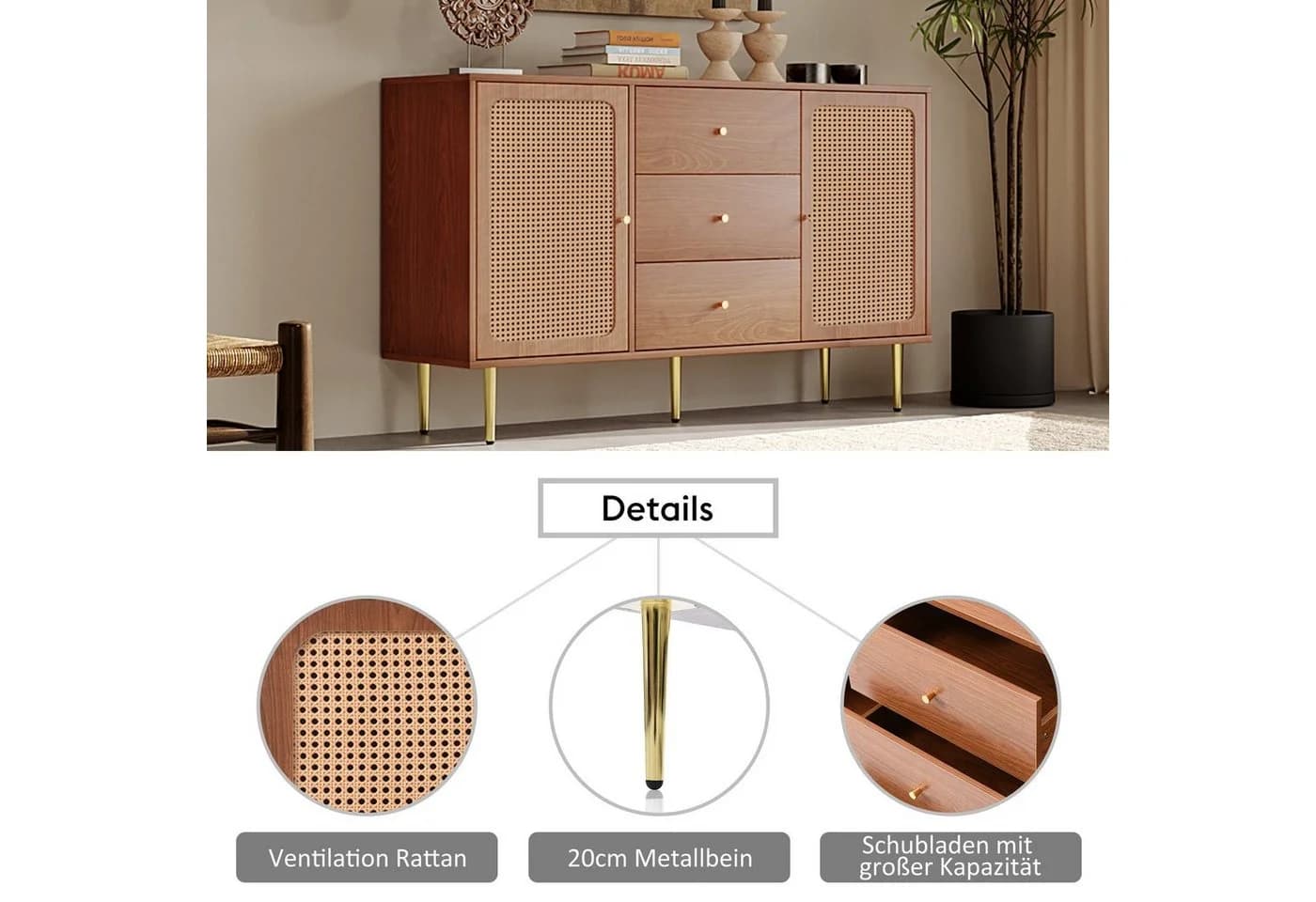 Merax Sideboard Nussbaum mit Rattan und Metallbeinen